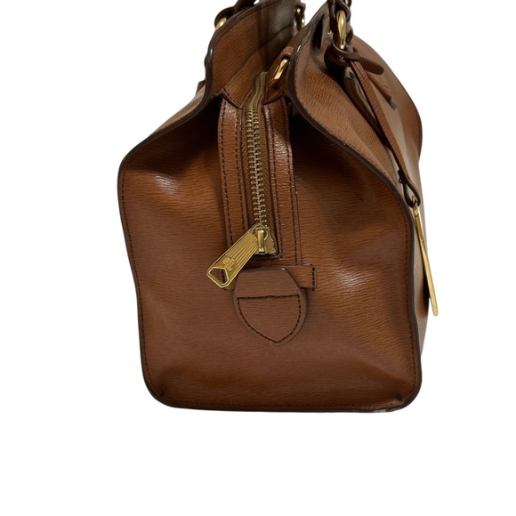LAUREN RALPH LAUREN Camel Tan Leather Satchel Purse Handbag Two Handles - Picture 3 of 10